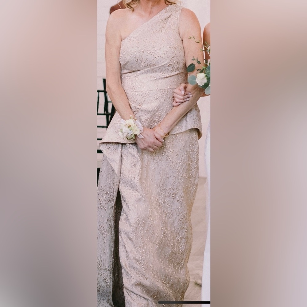 Teri Jon One-Shoulder Champagne Textured Gown - Picture 8 of 10